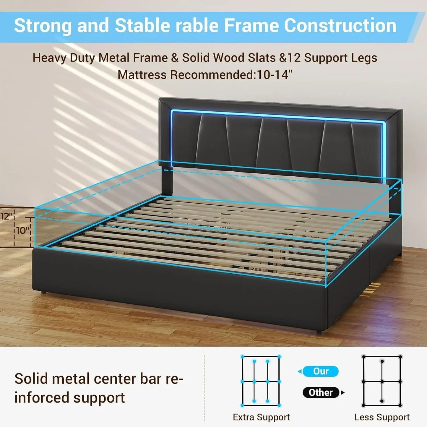 King Size LED Bed Frame w/Storage Drawers Faux Leather Upholstered Platform Bed