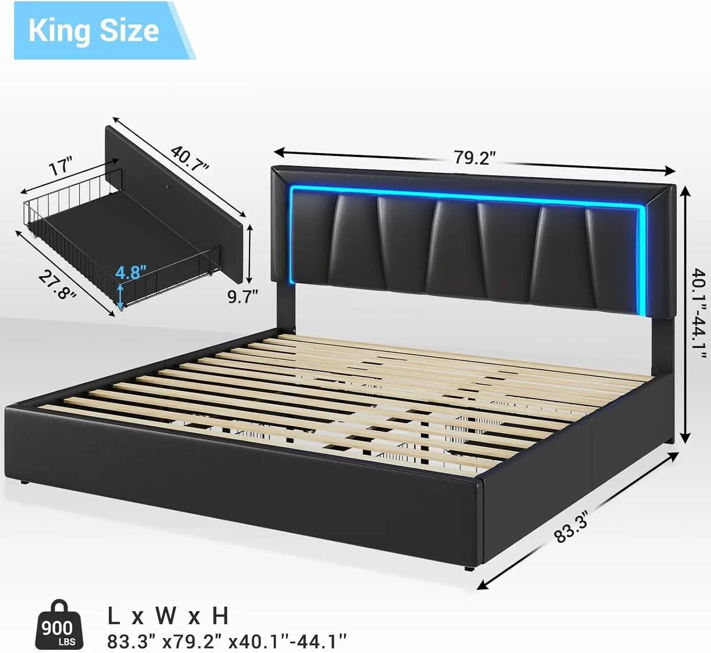 King Size LED Bed Frame w/Storage Drawers Faux Leather Upholstered Platform Bed
