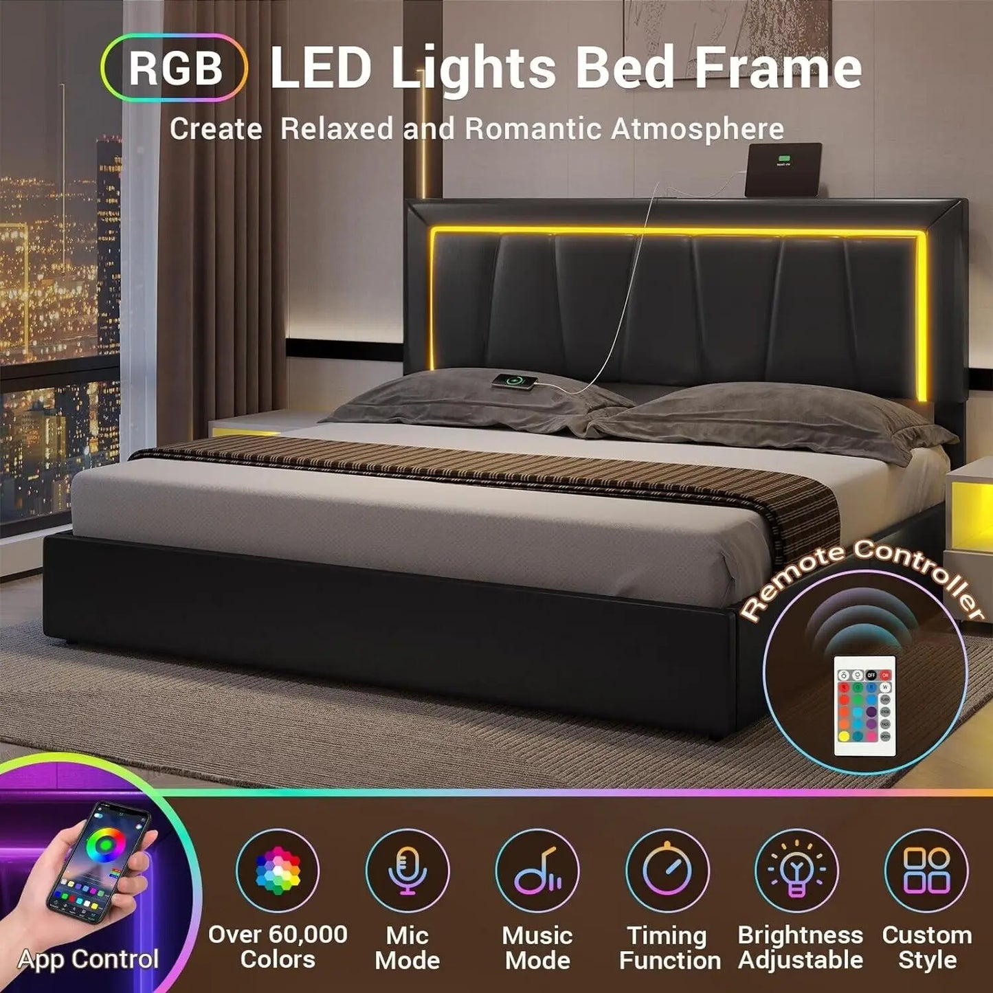 King Size LED Bed Frame w/Storage Drawers Faux Leather Upholstered Platform Bed