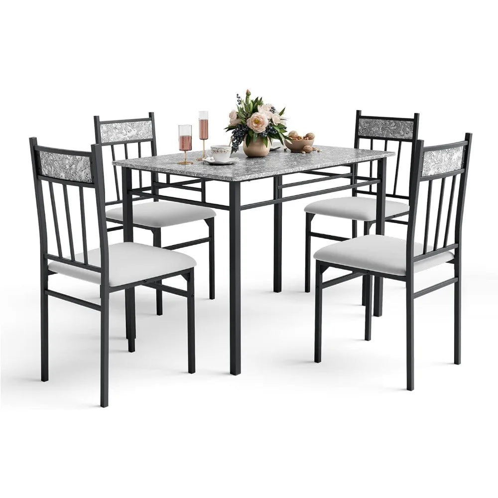 5-Piece Dining Table Set for 4, Vintage Rectangular Table and 4 Chairs with Cushion Padded Seat, Dining Set