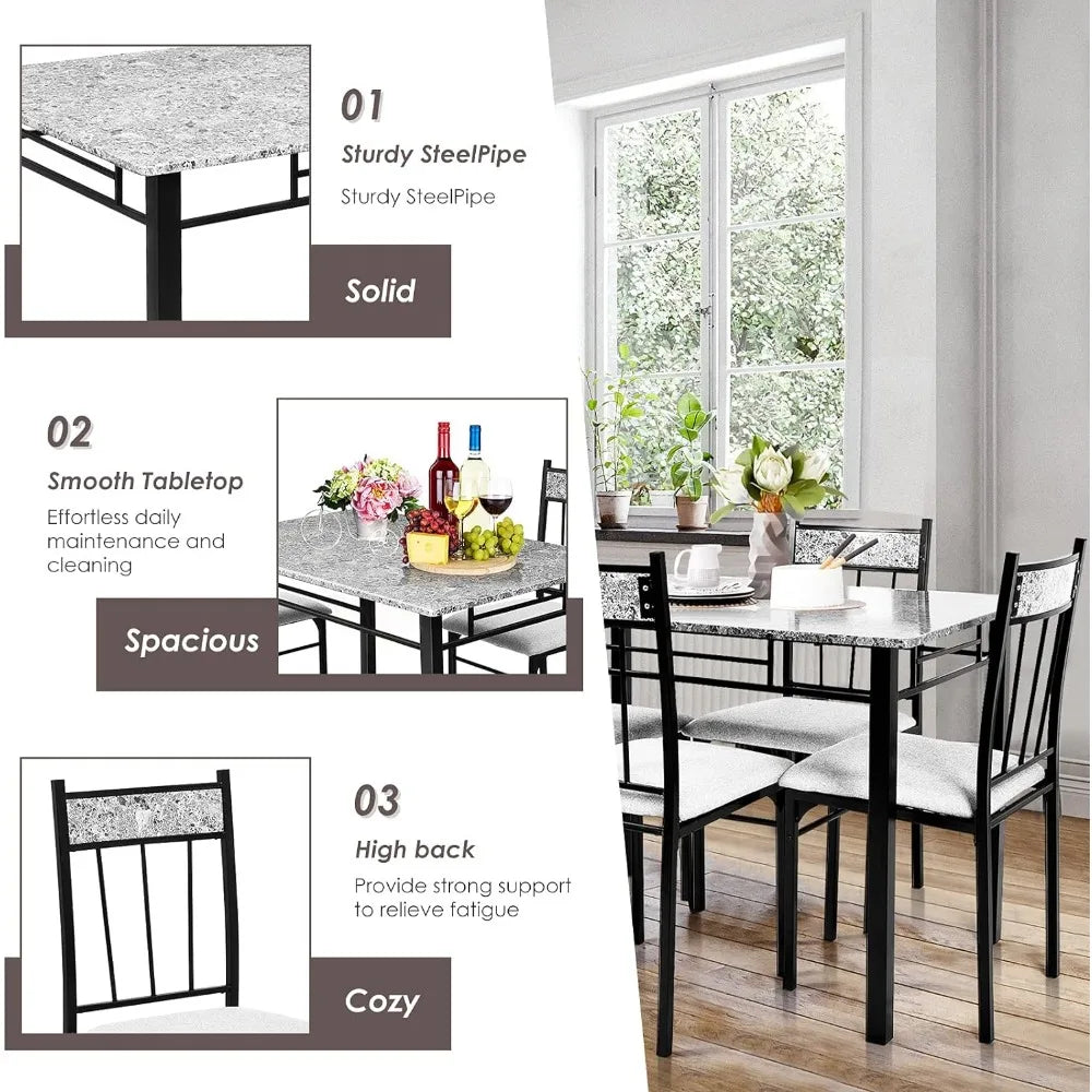 5-Piece Dining Table Set for 4, Vintage Rectangular Table and 4 Chairs with Cushion Padded Seat, Dining Set