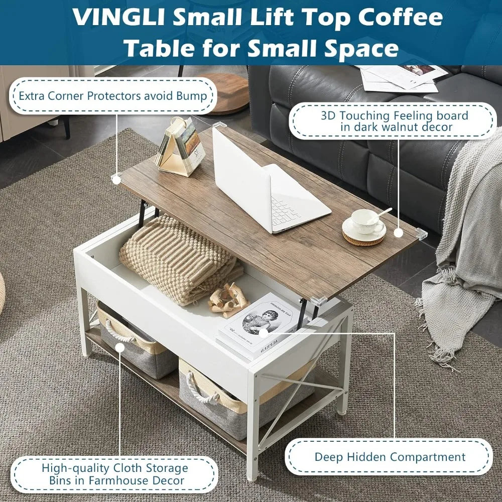 VINGLI Side Table 36" Lift Top Coffee Table with Free Cloth Storage Bins, White Walnut Framhouse Coffee Table for Living Room