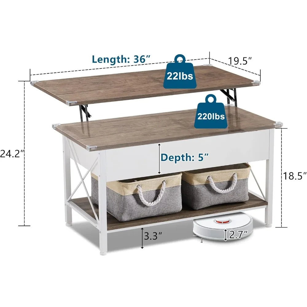 VINGLI Side Table 36" Lift Top Coffee Table with Free Cloth Storage Bins, White Walnut Framhouse Coffee Table for Living Room