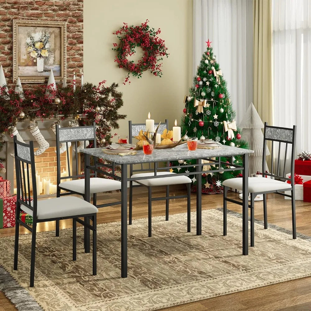 5-Piece Dining Table Set for 4, Vintage Rectangular Table and 4 Chairs with Cushion Padded Seat, Dining Set