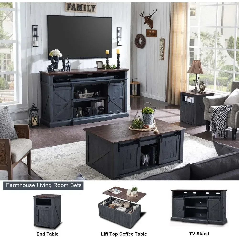 TV Stand for 80 Inch, 39"Tall Entertainment Center w/Double Sliding Barn Door w/Soundbar & Adjustable Shelves, TV Stand