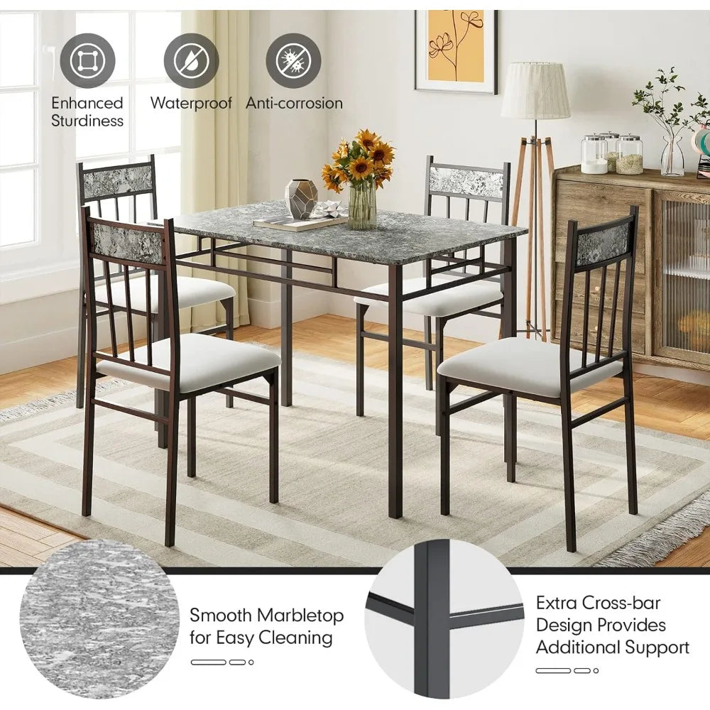 5-Piece Dining Table Set for 4, Vintage Rectangular Table and 4 Chairs with Cushion Padded Seat, Dining Set