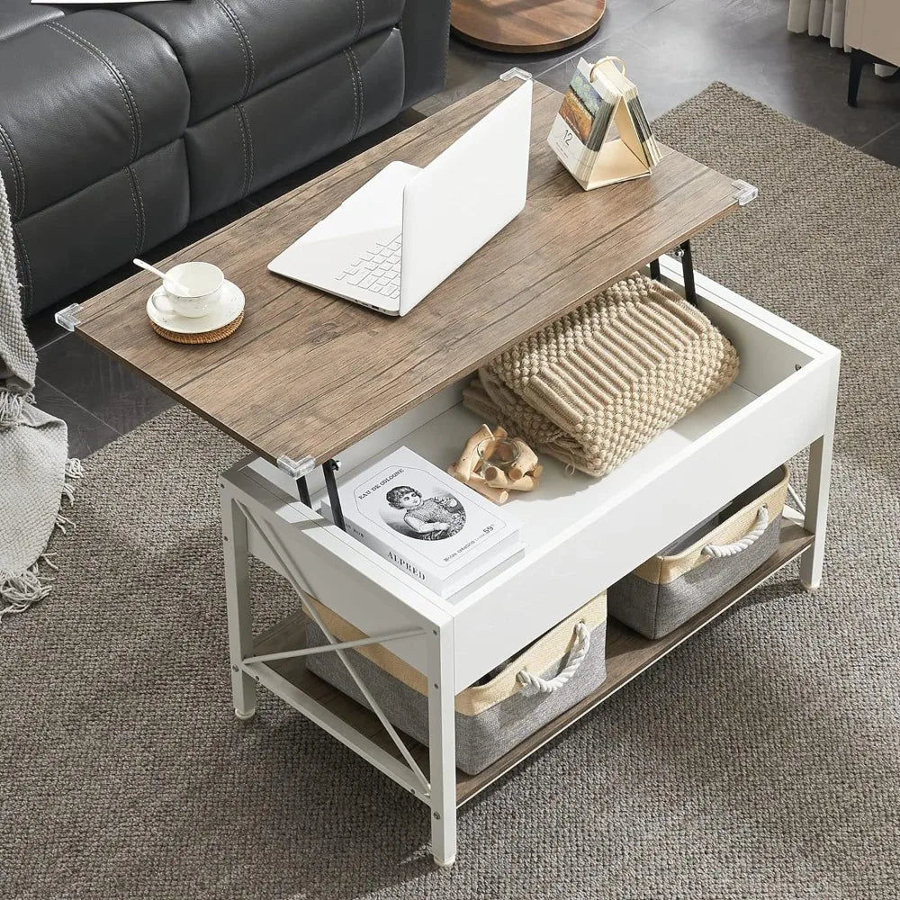 VINGLI Side Table 36" Lift Top Coffee Table with Free Cloth Storage Bins, White Walnut Framhouse Coffee Table for Living Room