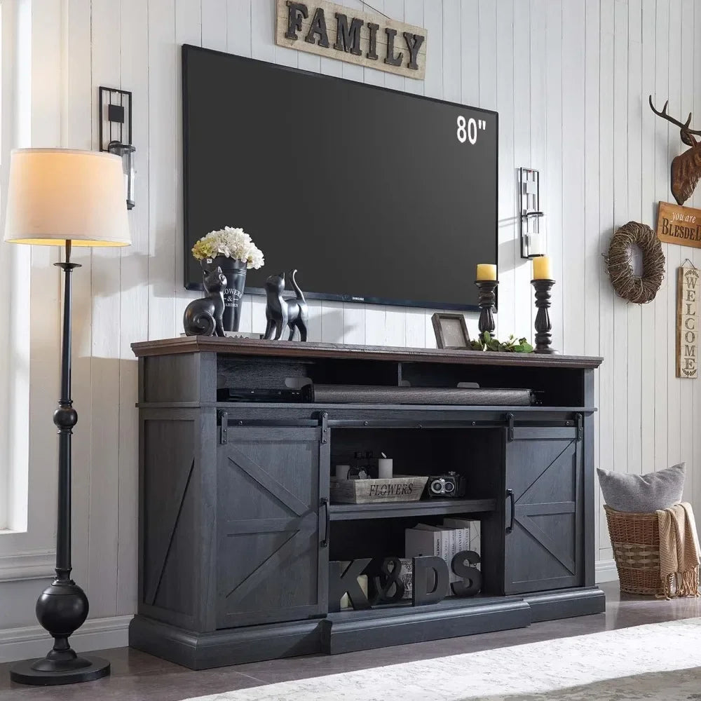 TV Stand for 80 Inch, 39"Tall Entertainment Center w/Double Sliding Barn Door w/Soundbar & Adjustable Shelves, TV Stand